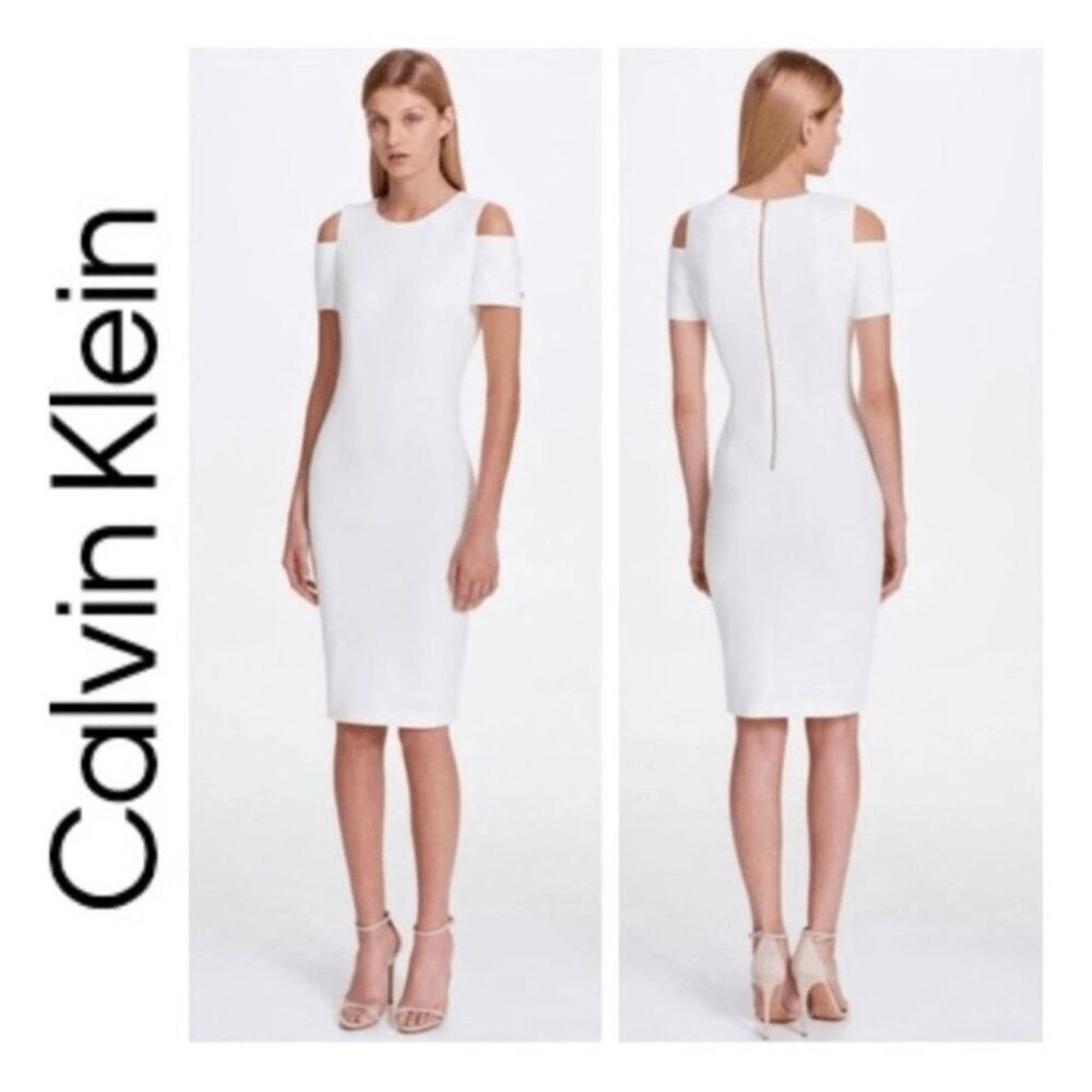 CALVIN KLEIN Women's Cold-Shoulder White Scuba Sheath Dress SIZE 6